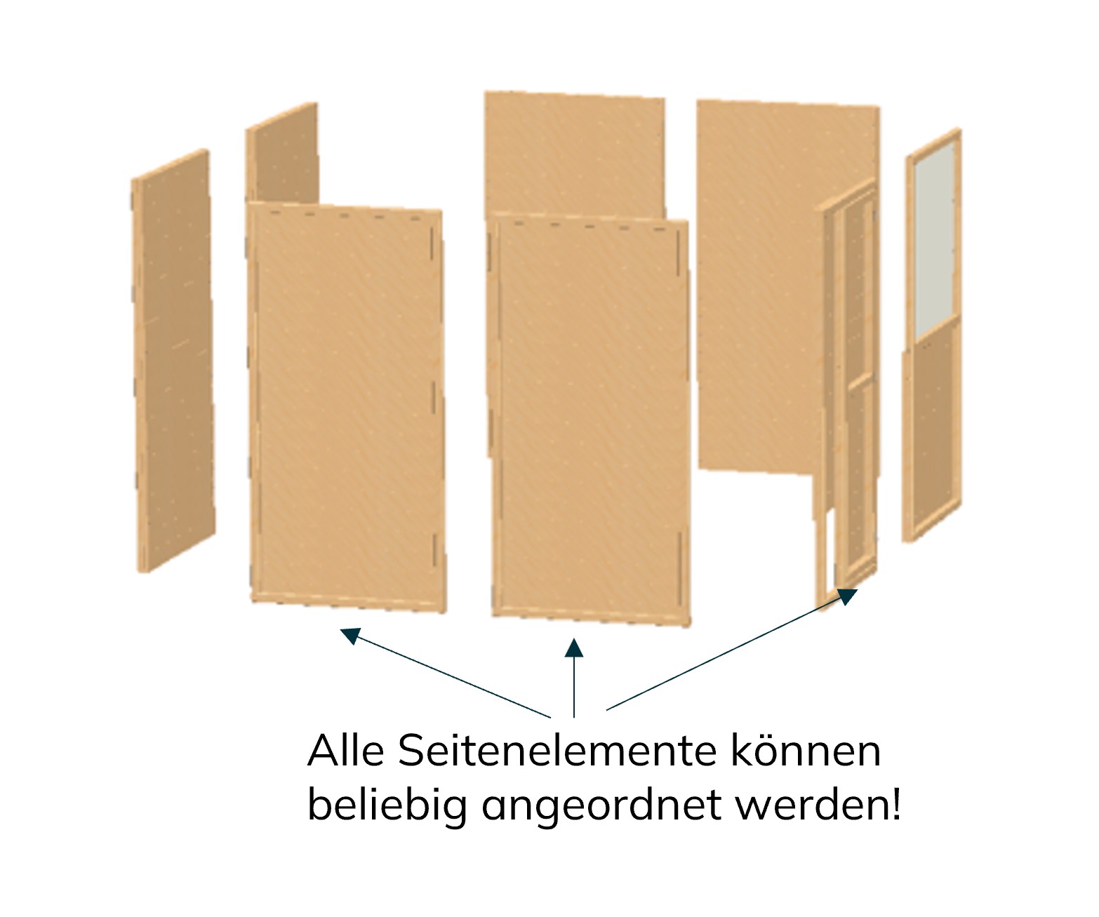 Alle Seitenelemente des Schutzhauses können beliebig angeordnet werden